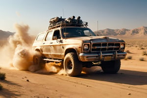 mercury coupe, mad max, desert, trucks, attack, boarding, gunfire, explosions, jump ahead, dust from wheels, motorcycles, high speed pursuit, many objects in frame, ultra detail overall, panoramic plan, epic battle,