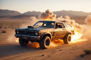 mercury coupe, mad max, desert, trucks, attack, boarding, gunfire, explosions, jump ahead, dust from wheels, motorcycles, high speed pursuit, many objects in frame, ultra detail overall, panoramic plan, epic battle,