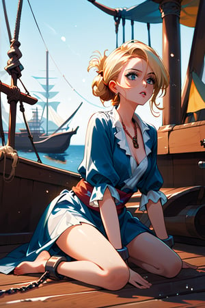 score_9, score_8_up, score_7_up, score_6_up,
lineart, warm tones, from front,
sidelighting, light particles,

1girls, solo, pirate, restrained, chained, kneeling, Boatswain pirate clothes, detail face, blonde hair with some black, tied hair, 

outdoor, big pirate boat, wood floor, pir4t4