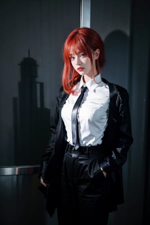 Cyberpunk girl in dystopian cyberpunk megapolis. Steam, neon, volumetric, (masterpiece,  top quality,  best quality,  official art,  beautiful and aesthetic:1.2),  (1girl:1.3),  heterochromia , photorealistic,red hair, shirt, tie, black trousers,Realism.