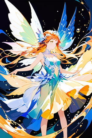 "A beautiful, realistic fairy partially merged with an abstract painting. The fairy has delicate, translucent wings, flowing hair, and intricate details on her dress, which are rendered in a highly realistic style. Parts of the fairy are lost within the abstract elements of the painting, blending seamlessly with bold, dramatic brushstrokes and vibrant colors. The abstract painting uses a dynamic mix of Burnt Sienna, Cadmium Yellow, Ultramarine Blue, and Sap Green, with touches of white and black. The contrast between the hyper-realistic fairy and the abstract background creates a mesmerizing and surreal composition."

