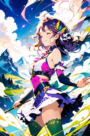 Masterpiece, high detailed, high resolution, 8K, majestic, 1girl, half body, beautiful face, gentle smile, mishera, closed eyes, braid, hair ornament, hair ribbon, crop top, purple skirt, detached sleeves, green thighhighs, flowing air, mountain background, holding wand,ElementWind
