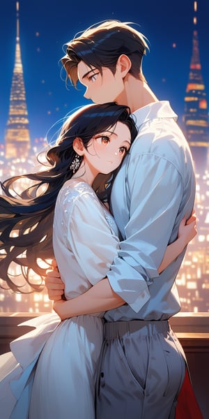 score_9, score_8_up, score_7_up, score_6_up, score_5_up, score_4_up,source_anime,

1 woman (red long hair), (30yo), beautiful detailed eyes, white shirt, grey pants, night, city, hug,, 1boy(black hair), a very handsome man, Man_hugs_girl_from_behind, hetero, couple, , elegant, balance, determination, detailed background, depth of field, realistic, soft lighting, best quality,masterpiece