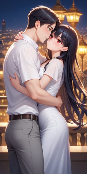 score_9, score_8_up, score_7_up, score_6_up, score_5_up, score_4_up,source_anime,

1 woman (red long hair), (30yo), beautiful detailed eyes, white shirt, grey pants, night, city, hug,, 1boy(black hair), a very handsome man, Man_hugs_girl_from_behind, hetero, couple, , elegant, balance, determination, detailed background, depth of field, realistic, soft lighting, best quality,masterpiece