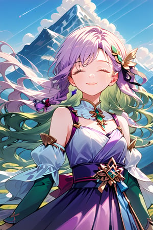 Masterpiece, high detailed, high resolution, 8K, majestic, 1girl, half body, beautiful face, gentle smile, mishera, closed eyes, braid, hair ornament, hair ribbon, crop top, purple skirt, detached sleeves, green thighhighs, flowing air, mountain background, holding wand,ElementWind