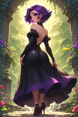 Score_9, Score_8_up, Score_7_up, by: kanel, by:0r0ch1, an anime-style image, volumetric lighting, bright lighting, 1girl, lush eyelashes, full lips, detailed lips, large expressive eyes, asymetrical pixiecut hairstyle (purple), long black dress, low neckline dress, open back dress, stiletto heels, sexy pose, full body, rear projection, magazine cover