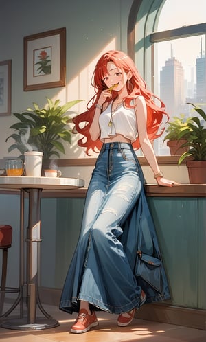 Score_9, Score_8_up, Score_7_up, Score_6_up, Score_5_up, Score_4_up,

((Cinematic)), (extremely detailed fine touch: 1.2),(masterpiece), (best quality), (concept art),1girl, solo, long hair,  skirt, red hair, holding, jewelry, standing, full body,inside a cafeteria to buy a cup of coffee, shoes, sleeveless, indoors, hand up, bag, bracelet, crop top, plant, denim, footwear, shirt, long skirt, watch, handbag, wristwatch, potted plant, wide shot, photo background, sex, long_sleeves, perfect hands,perfect face, perfect eyes, perfect mouth, cityscape, jaeggernawt,girlnohead, smooth lighting,art, illustration, romantic background, watercolor splash, soft blending, loose lines, smooth shadow, sweet, happy, sexy pose,smiling,

