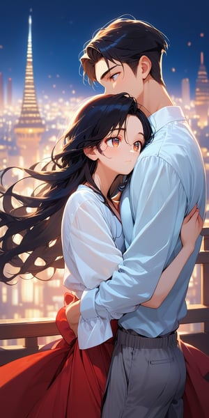 score_9, score_8_up, score_7_up, score_6_up, score_5_up, score_4_up,source_anime,

1 woman (red long hair), (30yo), beautiful detailed eyes, white shirt, grey pants, night, city, hug,, 1boy(black hair), a very handsome man, Man_hugs_girl_from_behind, hetero, couple, , elegant, balance, determination, detailed background, depth of field, realistic, soft lighting, best quality,masterpiece