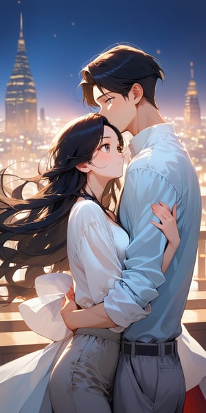 score_9, score_8_up, score_7_up, score_6_up, score_5_up, score_4_up,source_anime,

1 woman (red long hair), (30yo), beautiful detailed eyes, white shirt, grey pants, night, city, hug,, 1boy(black hair), a very handsome man, Man_hugs_girl_from_behind, hetero, couple, , elegant, balance, determination, detailed background, depth of field, realistic, soft lighting, best quality,masterpiece