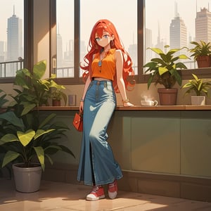 score_9, score_8_up, score_7_up, score_6_up, score_5_up, score_4_up,

((Cinematic)), (extremely detailed fine touch: 1.2),(masterpiece), (best quality), 

1girl, solo, long hair,  skirt, red hair, holding, jewelry, standing, full body,inside a cafeteria to buy a cup of coffee, shoes, sleeveless, indoors, hand up, bag, bracelet, crop top, plant, denim, footwear, shirt, long skirt, watch, handbag, wristwatch, potted plant, wide shot, photo background, sex, long_sleeves, perfect hands,perfect face, perfect eyes, perfect mouth, cityscape, jaeggernawt,girlnohead