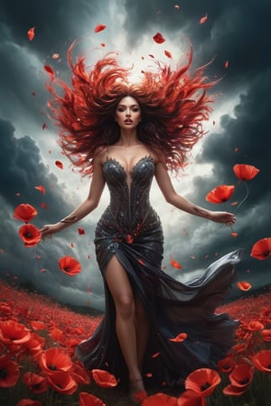A stunning conceptual art piece that captures a dark fantasy scene features a gorgeous goddess scantily-clad amidst a whirlwind of fiery red poppy petals intertwined around her body. The vibrant colors are both mesmerizing and intense, with each petal swirling with a life of its own. The strong wind adds lively energy to the scene, creating a sense of movement and chaos. The background reveals an ominous, stormy sky with dark clouds looming. The overall composition evokes a sense of mystery and intrigue, perfect for a cinematic poster or a captivating painting., 3d render, vibrant, illustration, conceptual art, painting, dark fantasy, epic movie poster, burlesque,shabby chic,,fine art,epic,Boho gypsy, marquise,duchesse,dark fantasy,