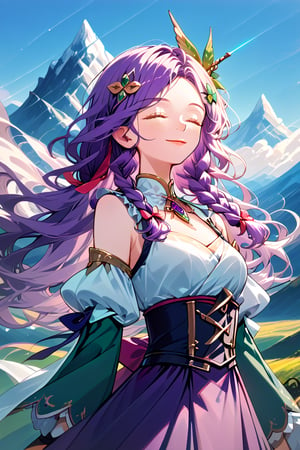 Masterpiece, high detailed, high resolution, 8K, majestic, 1girl, half body, beautiful face, gentle smile, mishera, closed eyes, braid, hair ornament, hair ribbon, crop top, purple skirt, detached sleeves, green thighhighs, flowing air, mountain background, holding wand,ElementWind