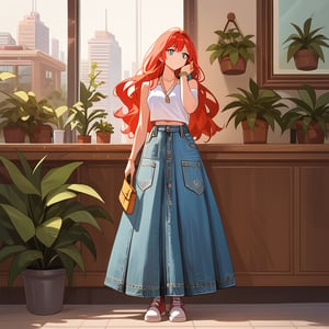 score_9, score_8_up, score_7_up, score_6_up, score_5_up, score_4_up,

((Cinematic)), (extremely detailed fine touch: 1.2),(masterpiece), (best quality), 

1girl, solo, long hair,  skirt, red hair, holding, jewelry, standing, full body, shoes, sleeveless, indoors, hand up, bag, bracelet, crop top, plant, denim, footwear, shirt, long skirt, watch, handbag, wristwatch, potted plant, wide shot,inside a cafe to buy a coffee, photo background, sexy,fflixmj6,more detail XL, long_sleeves, perfect hands, cityscape, jaeggernawt,girlnohead