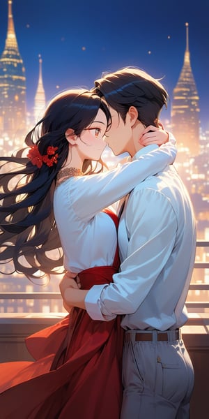 score_9, score_8_up, score_7_up, score_6_up, score_5_up, score_4_up,source_anime,

1 woman (red long hair), (30yo), beautiful detailed eyes, white shirt, grey pants, night, city, hug,, 1boy(black hair), a very handsome man, Man_hugs_girl_from_behind, hetero, couple, , elegant, balance, determination, detailed background, depth of field, realistic, soft lighting, best quality,masterpiece