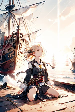 score_9, score_8_up, score_7_up, score_6_up,
lineart, warm tones, from front,
sidelighting, light particles,

1girls, solo, pirate, restrained, chained, kneeling, Boatswain pirate clothes, detail face, blonde hair with some black, tied hair, 

outdoor, big pirate boat, wood floor, pir4t4