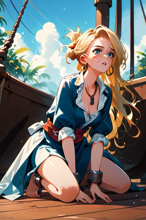 score_9, score_8_up, score_7_up, score_6_up,
lineart, warm tones, from front,
sidelighting, light particles,

1girls, solo, pirate, restrained, chained, kneeling, Boatswain pirate clothes, detail face, blonde hair with some black, tied hair, 

outdoor, big pirate boat, wood floor, pir4t4