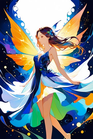 "A beautiful, realistic fairy partially merged with an abstract painting. The fairy has delicate, translucent wings, flowing hair, and intricate details on her dress, which are rendered in a highly realistic style. Parts of the fairy are lost within the abstract elements of the painting, blending seamlessly with bold, dramatic brushstrokes and vibrant colors. The abstract painting uses a dynamic mix of Burnt Sienna, Cadmium Yellow, Ultramarine Blue, and Sap Green, with touches of white and black. The contrast between the hyper-realistic fairy and the abstract background creates a mesmerizing and surreal composition."
