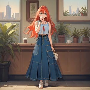 score_9, score_8_up, score_7_up, score_6_up, score_5_up, score_4_up,

((Cinematic)), (extremely detailed fine touch: 1.2),(masterpiece), (best quality), 

1girl, solo, long hair,  skirt, red hair, holding, jewelry, standing, full body,inside a cafeteria to buy a cup of coffee, shoes, sleeveless, indoors, hand up, bag, bracelet, crop top, plant, denim, footwear, shirt, long skirt, watch, handbag, wristwatch, potted plant, wide shot, photo background, sex, long_sleeves, perfect hands,perfect face, perfect eyes, perfect mouth, cityscape, jaeggernawt,girlnohead