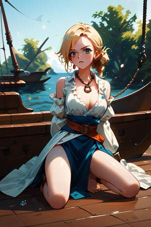 score_9, score_8_up, score_7_up, score_6_up,
lineart, warm tones, from front,
sidelighting, light particles,

1girls, solo, pirate, restrained, chained, kneeling, Boatswain pirate clothes, detail face, blonde hair with some black, tied hair, 

outdoor, big pirate boat, wood floor, pir4t4