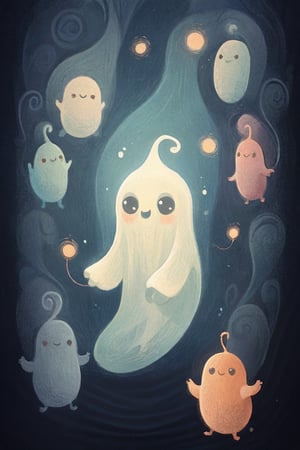 cute and scared cartoon ghost with big expressive eyes and a shy blushing face, the ghost has a round smooth body with subtle wavy edges at the bottom, soft and friendly appearance, floats against a simple dark background, tiny bubbles floating around it, whimsical and endearing charm, atmosphere is playful and heartwarming, capturing the ghost's innocent and timid nature,KA,ghibli