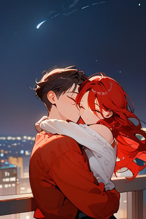 Score_9, Score_8_up, Score_7_up, Score_6_up, Score_5_up, Score_4_up,1girl (red hair), long_hair, hug, night, 1boy (black hair), Man_hugs_girl_from_behind, shirt, hetero, looking_at_viewer, brown_hair, night_sky, couple, sky, long_sleeves, cityscape,jaeggernawt