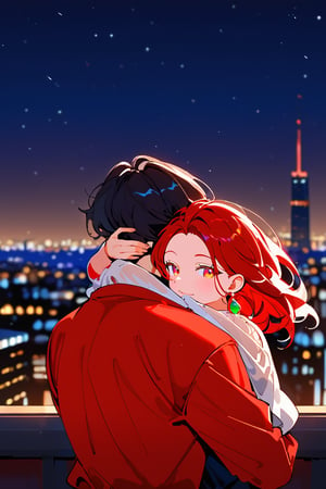 1girl (red hair), long_hair, hug, night, 1boy (black hair), Man_hugs_girl_from_behind, shirt, hetero, looking_at_viewer, brown_hair, night_sky, couple, sky, long_sleeves, jewelry, earrings, cityscape,jaeggernawt