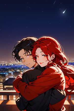 1girl (red hair), long_hair, hug, night, 1boy (black hair), Man_hugs_girl_from_behind, shirt, hetero, , mature, looking_at_viewer, brown_hair, night_sky, couple, sky, long_sleeves, cityscape,jaeggernawt