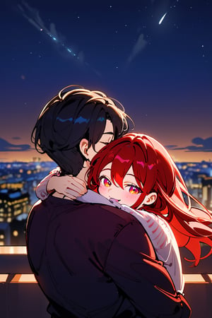 1girl (red hair), long_hair, hug, night, 1boy (black hair), Man_hugs_girl_from_behind, shirt, hetero, looking_at_viewer, brown_hair, night_sky, couple, sky, long_sleeves, cityscape,jaeggernawt