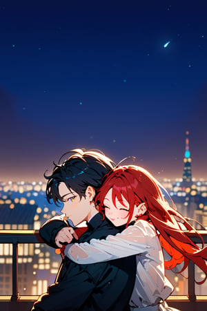 Score_9, Score_8_up, Score_7_up, Score_6_up, Score_5_up, Score_4_up,1girl (red hair), long_hair, hug, night, 1boy (black hair), Man_hugs_girl_from_behind, shirt, hetero, looking_at_viewer, brown_hair, night_sky, couple, sky, long_sleeves, cityscape,jaeggernawt