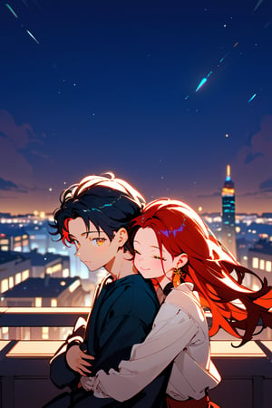 Score_9, Score_8_up, Score_7_up, Score_6_up, Score_5_up, Score_4_up,1girl (red hair), long_hair, hug, night, 1boy (black hair), Man_hugs_girl_from_behind, shirt, hetero, looking_at_viewer, brown_hair, night_sky, couple, sky, long_sleeves, jewelry, earrings, cityscape,jaeggernawt