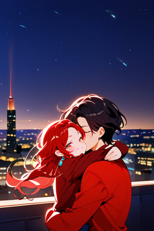 1girl (red hair), long_hair, hug, night, 1boy (black hair), Man_hugs_girl_from_behind, shirt, hetero, looking_at_viewer, brown_hair, night_sky, couple, sky, long_sleeves, jewelry, earrings, cityscape,jaeggernawt