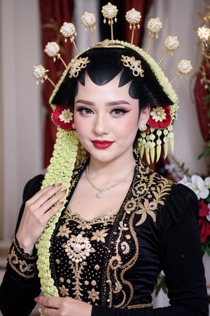 1girl, solo, looking at viewer, smile, black hair, hair ornament, long sleeves, dress, jewelry, closed mouth, upper body, flower, necklace, blurry, black eyes, lips, makeup, blurry background, lipstick, realistic, red lips, pearl necklace,bulan