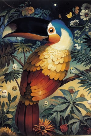 toucan van gogh
at night 
fantasy acrylic painting, 


by Paul Corfield

,Masterpiece