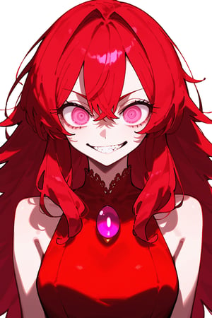 Sole female, pink eyes, red hair, long hair, smirk, sharp eyes, upper body, red dress, Details++