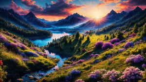 (best quality, 8K, ultra-detailed, masterpiece), (ultra-realistic, photorealistic), A breathtaking 8K masterpiece showcasing the awe-inspiring beauty of a cinematic landscape painted with super vibrant colors. The landscape captures nature's majesty, with rolling hills, a serene lake, and a colorful sky that seems to burst with life. This scene exudes tranquility and an enchanting sense of wonder, inviting viewers to immerse themselves in its vivid, cinematic splendor,High detailed 