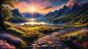 (best quality, 8K, ultra-detailed, masterpiece), (ultra-realistic, photorealistic), A breathtaking 8K masterpiece showcasing the awe-inspiring beauty of a cinematic landscape painted with super vibrant colors. The landscape captures nature's majesty, with rolling hills, a serene lake, and a colorful sky that seems to burst with life. This scene exudes tranquility and an enchanting sense of wonder, inviting viewers to immerse themselves in its vivid, cinematic splendor,High detailed 