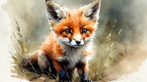 Cute fox cub with face of Jenna Ortega, farm, big eyes, freedom, soul, digital illustration, approaching perfection, dynamic, highly detailed, watercolor painting, artstation, concept art, sharp focus, in the style of artists like Russ Mills, Sakimichan, Wlop, Loish, Artgerm, Darek Zabrocki, and Jean-Baptiste Monge