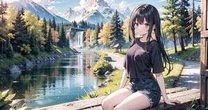 (masterpiece), long hair, medium breasts, river, forest, mountains, casual clothes