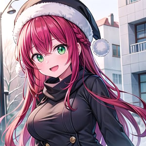 (((1girl))), (((young))) cute, random bang, random hair style, smile, happy, long red hair, soft green eyes, large breasts, chubby, winter clothes, wool hat, medium body, open mouth