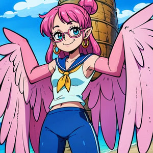girl. androgynous, non_binary, (harpy girl),  wing_arms, flat_chest, sailor_uniform, blue_pants, smiling, short_pink_hair, circular_wide-rim_glasses, :p, candy_earrings, candy_in_hair, cute, on_an_island, Luz_Noceda