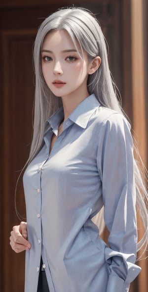 photorealistic, masterpiece, best quality, raw photo, 1girl, solo, long hair, silver hair, detailed face, alluring face, collared shirt, medium breasts, dynamic pose, looking at viewer, detailed background, fine detailed, intricate detail,  ray tracing, depth of field, low key, hdr. full body shot,