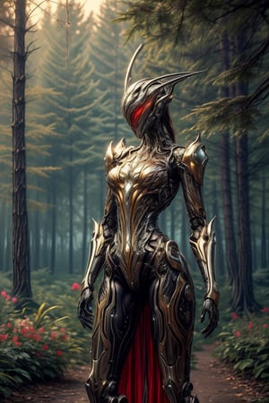 Gorgeous realistic Robot , in red asimetric dress, metal person with cold hurt made from expensive stones and flowers standing in the middle of the forest,WARFRAME