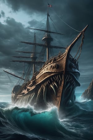 Generate an intensely detailed and visually dramatic image of a colossal Kraken monster emerging from the depths of the ocean, in the midst of devouring a ship. Capture the chaotic and awe-inspiring moment as the monstrous tentacles wrap around the vessel, splintering wood and dragging it beneath the surface. Pay meticulous attention to the terrifying details of the Kraken's massive body, with scale textures, eerie bioluminescence, and a menacing gaze that strikes fear into the scene. Utilize dynamic lighting to emphasize the contrast between the dark, foreboding ocean depths and the chaos unfolding on the surface. The goal is to create a visually stunning representation that encapsulates the terror and power of the legendary sea monster as it engulfs a hapless ship in its watery grasp.highly detailed . high_resolution, highly detailed, sharp focus.8k,fire element