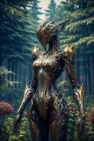 Gorgeous realistic Robot , in red asimetric dress, metal person with cold hurt made from expensive stones and flowers standing in the middle of the forest,WARFRAME