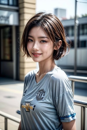 top-quality、​masterpiece、超A high resolution、(realisitic:1.4)、Beautuful Women１、Beautiful detail eyes and skin、smile、Light brown short-cut hair, She is Wearing a manchester united shirt posing for a photo,  gorgeous chinese model, photo of slim girl model, IG-Modell, beautiful female model