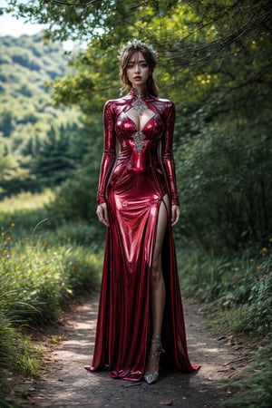 Gorgeous realistic Robot , in red asimetric dress, metal person with cold hurt made from expensive stones and flowers standing in the middle of the forest