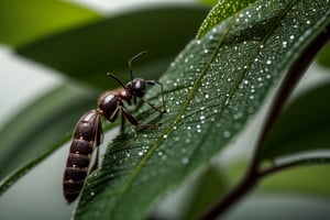 An ant lies on a leaf,There is dew on the edges of the leaves,magic hour,photorealistic cinematic render, Cinematic 3D rendering, realistic cgi render, Depicted as a 3D rendering