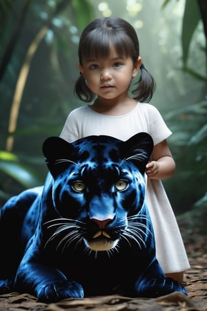 5-year-old baby girl holding a large panther ,in jungle,depth of fields,high light,Real light,Ray traching,OC renderer,UE5 renderer,Hyper-realistic,best qualtiy,8K,Works of masters,super-fine,Detailed pubic hair,Correct anatomy,princessmononoke,huoshen