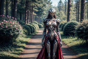 Gorgeous realistic Robot , in red asimetric dress, metal person with cold hurt made from expensive stones and flowers standing in the middle of the forest,WARFRAME