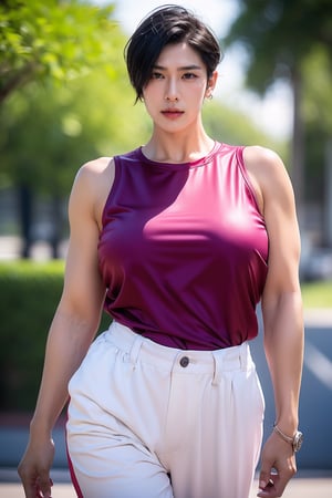 188cm tall,1girl, solo, (tomboy:1.2), walking, black hair, (short hair, long sidelocks:1.1), (Super firm MILF breasts), (Creamy skin glow),strong manly arms,looking at viewer,(34 yo mature female body:1.45),(ultra huge female breasts:1.6), opened mouth,basketball uniform, (17 yo clean detailed cool girl face),no makeup,shorts, shirt, sleeveless,outdoors,(huge MILF hips),(perfect hands, perfect fingers:1.3),gym, (ultra perfect hands and fingers),court,huge penis in pants,Tomboy,1boy,#realistic,1 girl ,solo,beauty,girl